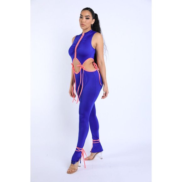 Hollow Out Patchwork Women String Tie Jumpsuit Zipper Sleeveless Bodycon - Picture 4 of 10